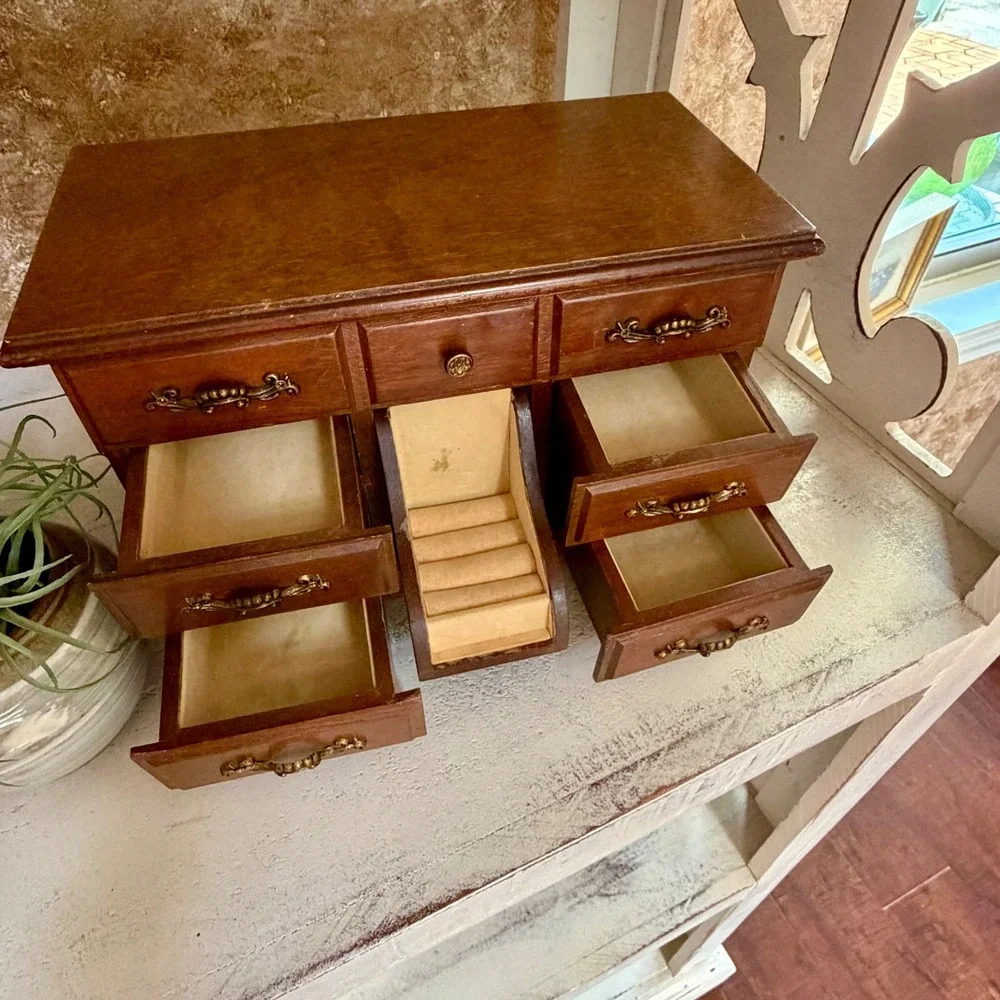 Vintage Wooden Jewelry Box Miniature Dresser Chest Mirror Ring Drawer Organizer